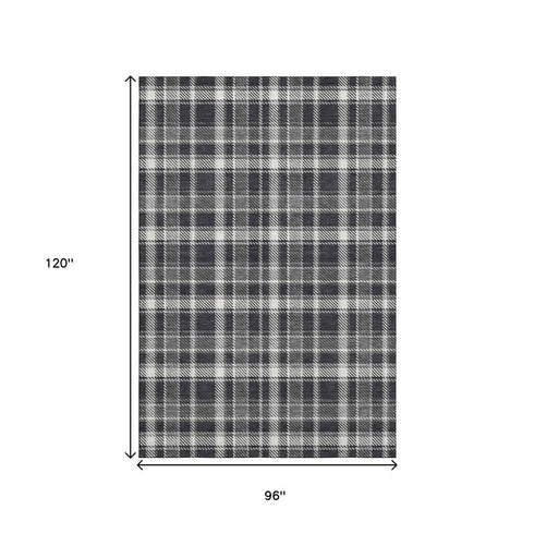 9' X 12' Black And Ivory Plaid Washable Area Rug With UV Protection