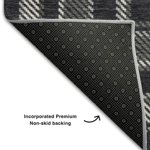 9' X 12' Black And Ivory Plaid Washable Area Rug With UV Protection