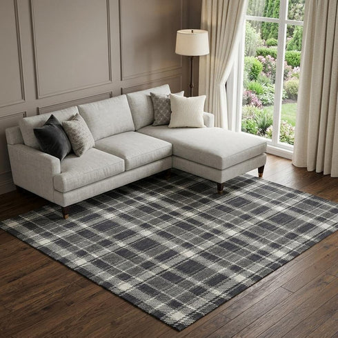9' X 12' Black And Ivory Plaid Washable Area Rug With UV Protection