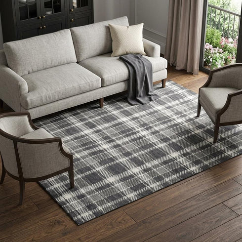 9' X 12' Black And Ivory Plaid Washable Area Rug With UV Protection