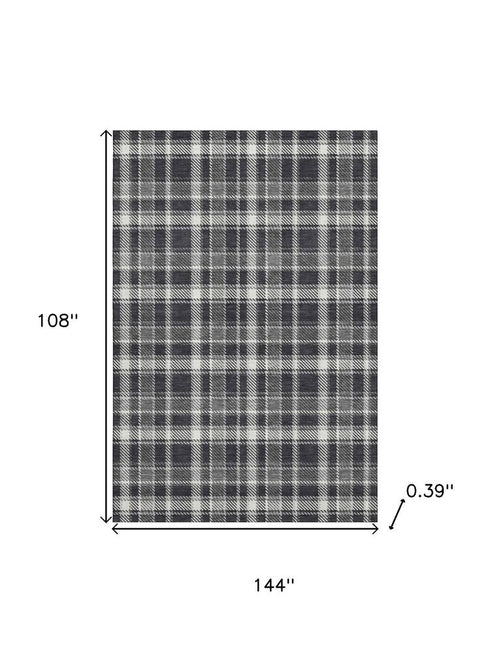 9' X 12' Black And Ivory Plaid Washable Area Rug With UV Protection