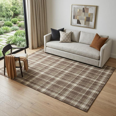 9' X 12' Chocolate And Ivory Plaid Washable Area Rug With UV Protection