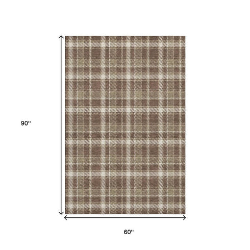 9' X 12' Chocolate And Ivory Plaid Washable Area Rug With UV Protection