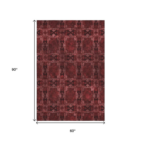 9' X 12' Burgundy Red And Gray Floral Medallion Washable Area Rug With UV Protection