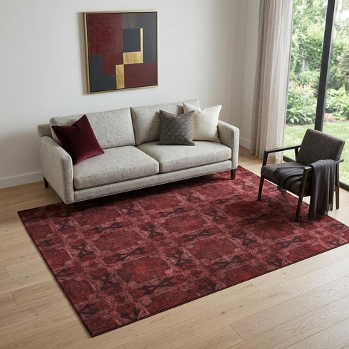 9' X 12' Burgundy Red And Gray Floral Medallion Washable Area Rug With UV Protection