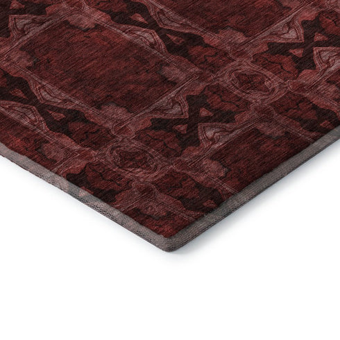 9' X 12' Burgundy Red And Gray Floral Medallion Washable Area Rug With UV Protection