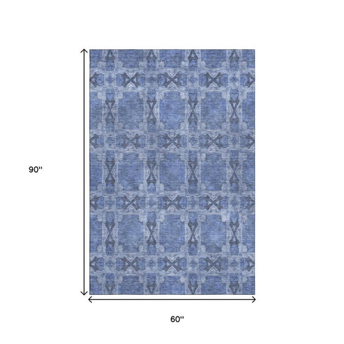 9' X 12' Denim Blue And Ivory Floral Medallion Washable Area Rug With UV Protection