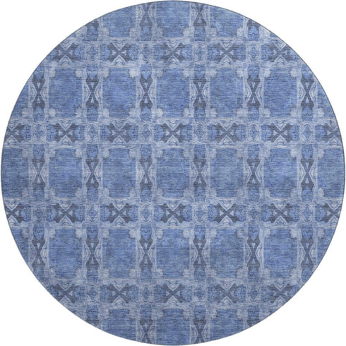 9' X 12' Denim Blue And Ivory Floral Medallion Washable Area Rug With UV Protection