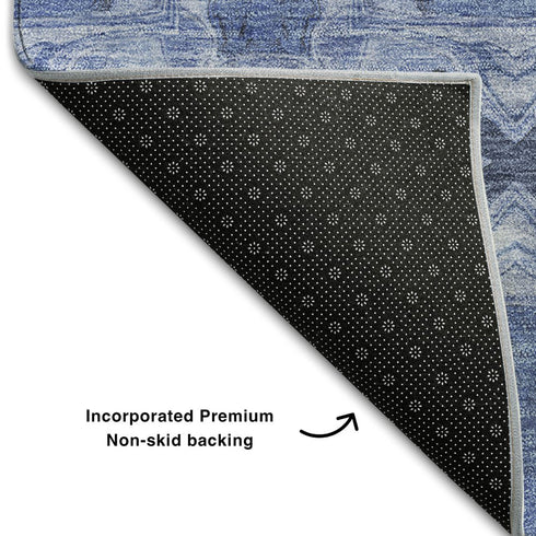 9' X 12' Denim Blue And Ivory Floral Medallion Washable Area Rug With UV Protection