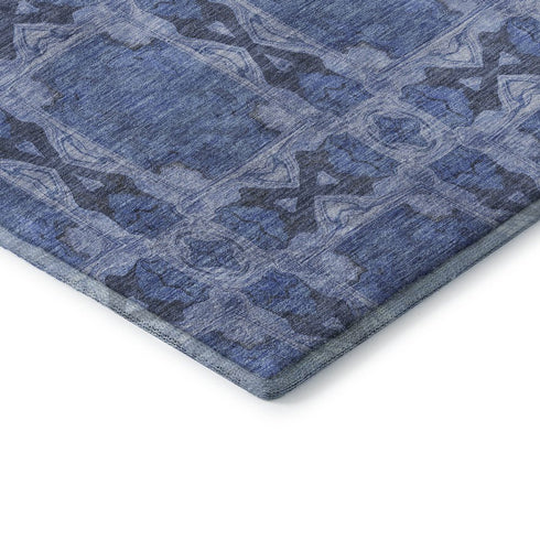 9' X 12' Denim Blue And Ivory Floral Medallion Washable Area Rug With UV Protection