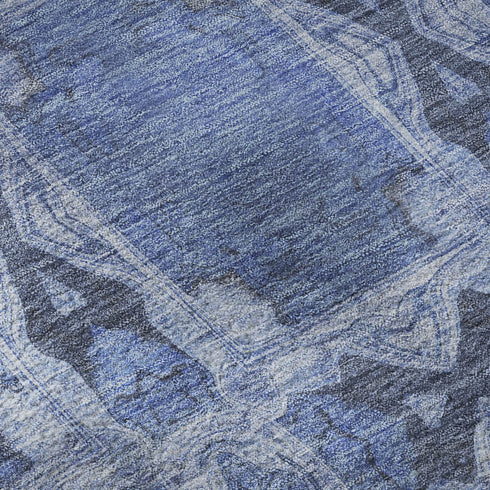 9' X 12' Denim Blue And Ivory Floral Medallion Washable Area Rug With UV Protection