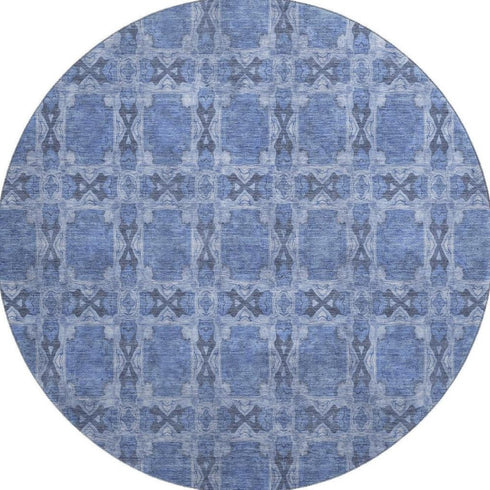 9' X 12' Denim Blue And Ivory Floral Medallion Washable Area Rug With UV Protection
