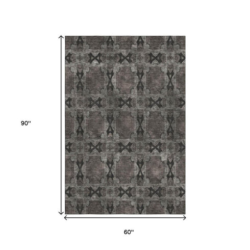 9' X 12' Gray And Charcoal Floral Medallion Washable Area Rug With UV Protection