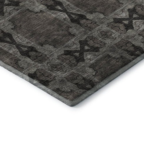9' X 12' Gray And Charcoal Floral Medallion Washable Area Rug With UV Protection