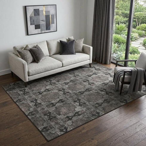9' X 12' Gray And Charcoal Floral Medallion Washable Area Rug With UV Protection