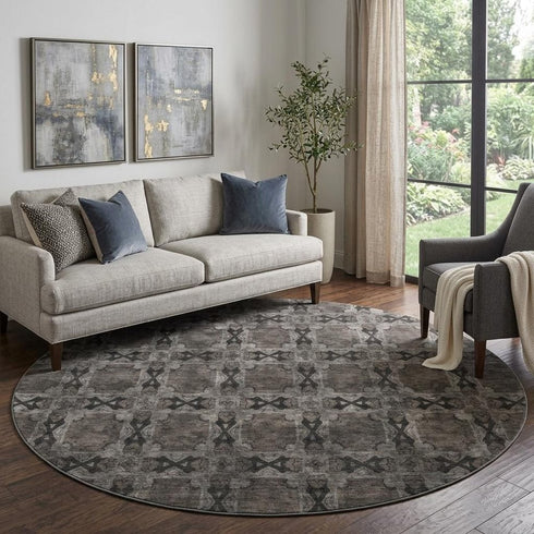 9' X 12' Gray And Charcoal Floral Medallion Washable Area Rug With UV Protection