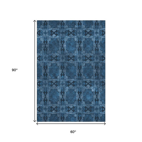 9' X 12' Navy Blue And Gray Floral Medallion Washable Area Rug With UV Protection