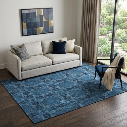 9' X 12' Navy Blue And Gray Floral Medallion Washable Area Rug With UV Protection