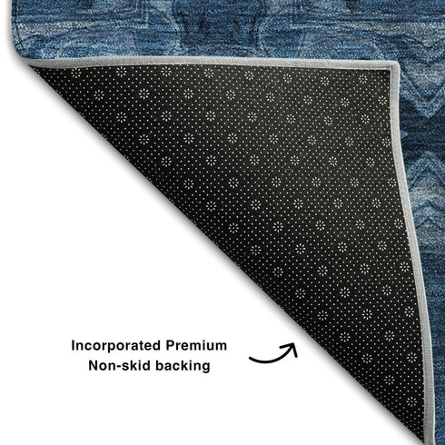 9' X 12' Navy Blue And Gray Floral Medallion Washable Area Rug With UV Protection