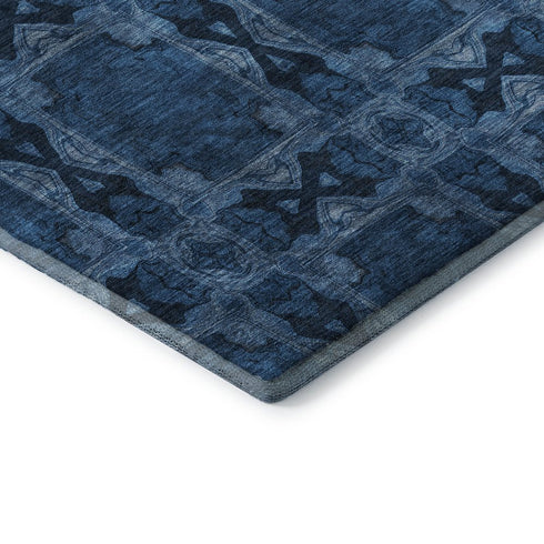 9' X 12' Navy Blue And Gray Floral Medallion Washable Area Rug With UV Protection