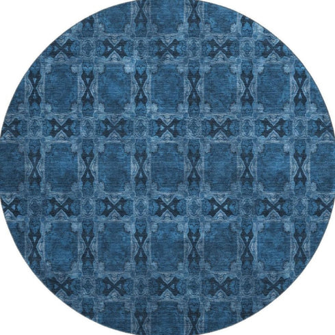 9' X 12' Navy Blue And Gray Floral Medallion Washable Area Rug With UV Protection