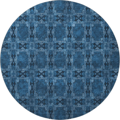 9' X 12' Navy Blue And Gray Floral Medallion Washable Area Rug With UV Protection