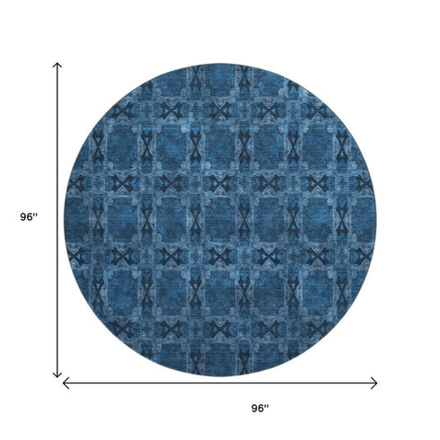 9' X 12' Navy Blue And Gray Floral Medallion Washable Area Rug With UV Protection