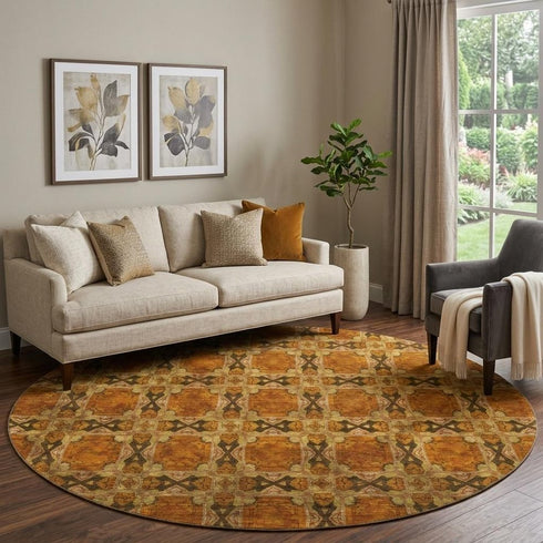9' X 12' Rust Copper And Gold Floral Medallion Washable Area Rug With UV Protection