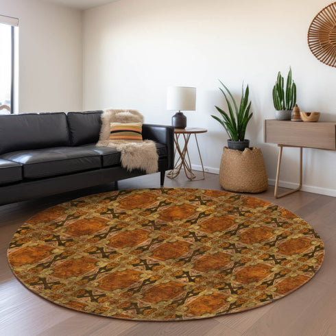 9' X 12' Rust Copper And Gold Floral Medallion Washable Area Rug With UV Protection