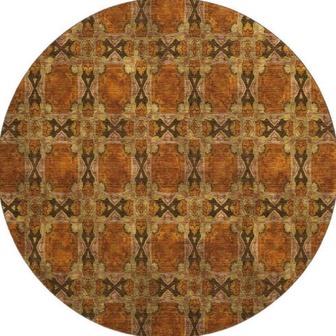 9' X 12' Rust Copper And Gold Floral Medallion Washable Area Rug With UV Protection
