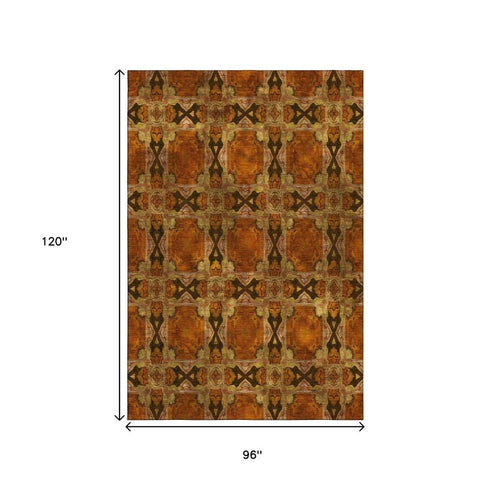 9' X 12' Rust Copper And Gold Floral Medallion Washable Area Rug With UV Protection