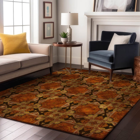 9' X 12' Rust Copper And Gold Floral Medallion Washable Area Rug With UV Protection
