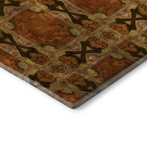 9' X 12' Rust Copper And Gold Floral Medallion Washable Area Rug With UV Protection