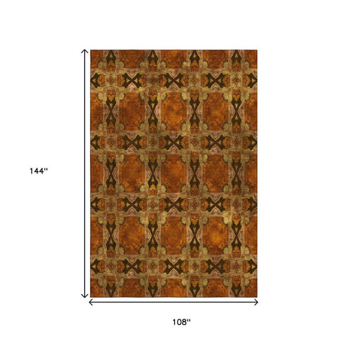 9' X 12' Rust Copper And Gold Floral Medallion Washable Area Rug With UV Protection