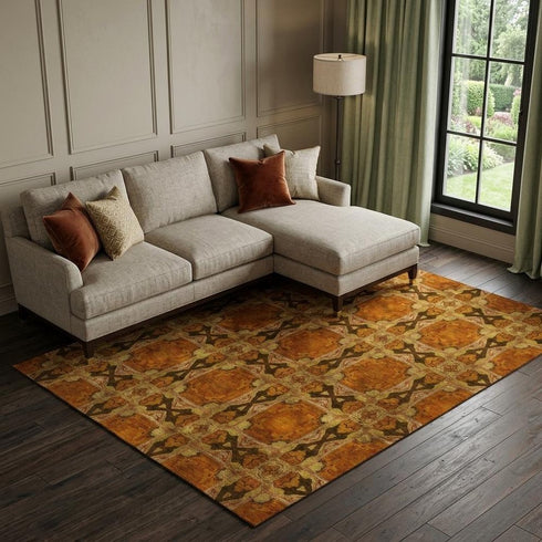 9' X 12' Rust Copper And Gold Floral Medallion Washable Area Rug With UV Protection