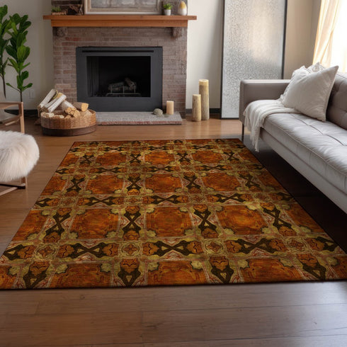 9' X 12' Rust Copper And Gold Floral Medallion Washable Area Rug With UV Protection