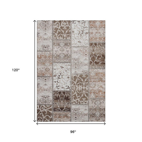 9' X 12' Beige And Ivory Patchwork Distressed Washable Area Rug With UV Protection