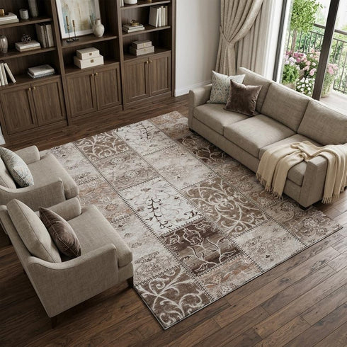 9' X 12' Beige And Ivory Patchwork Distressed Washable Area Rug With UV Protection