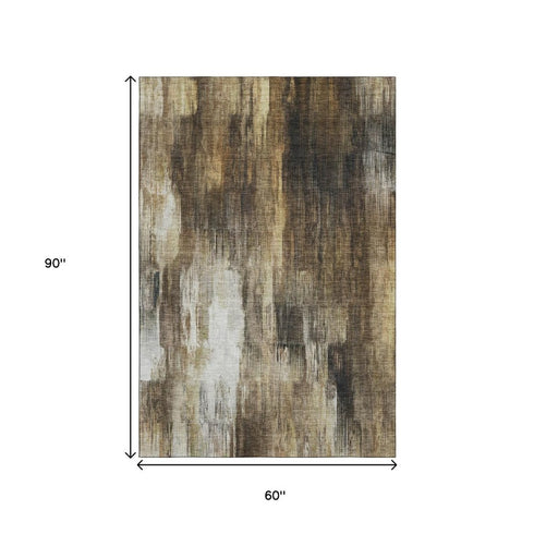5' X 8' Chocolate Gray And Ivory Abstract Washable Area Rug With UV Protection