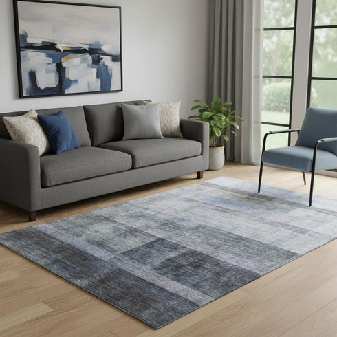 5' X 8' Navy Blue And Ivory Abstract Washable Area Rug With UV Protection