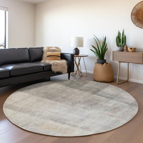 8' Taupe And Ivory Abstract Washable Round Rug With UV Protection