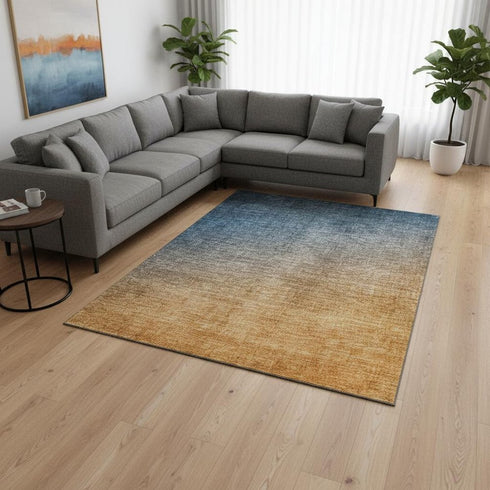 9' X 12' Navy Blue And Orange Ombre Washable Area Rug With UV Protection