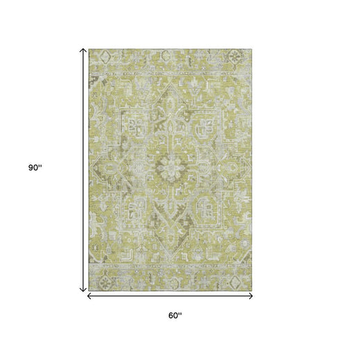 9' X 12' Fern Green And Ivory Oriental Washable Area Rug With UV Protection