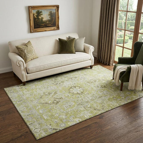 9' X 12' Fern Green And Ivory Oriental Washable Area Rug With UV Protection