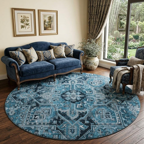 9' X 12' Blue And Ivory Oriental Washable Area Rug With UV Protection