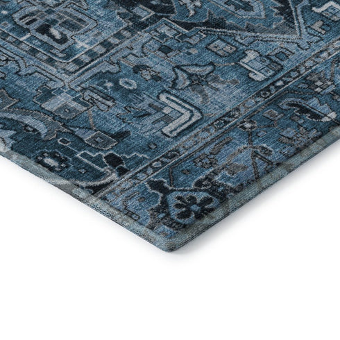 9' X 12' Blue And Ivory Oriental Washable Area Rug With UV Protection