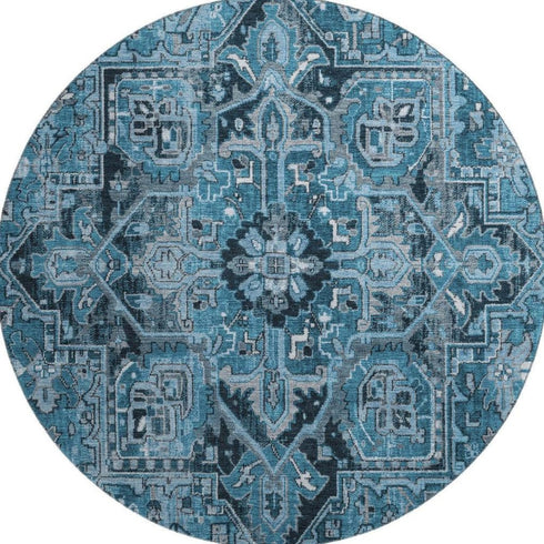 9' X 12' Blue And Ivory Oriental Washable Area Rug With UV Protection
