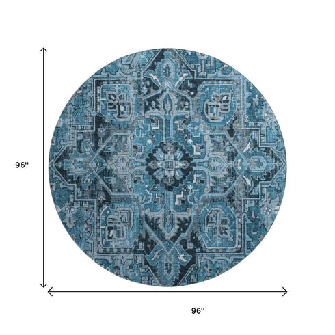 9' X 12' Blue And Ivory Oriental Washable Area Rug With UV Protection