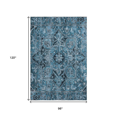 9' X 12' Blue And Ivory Oriental Washable Area Rug With UV Protection