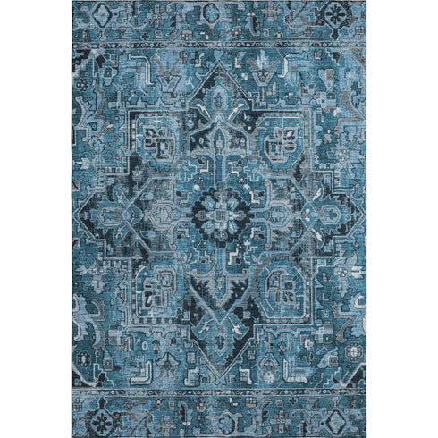 9' X 12' Blue And Ivory Oriental Washable Area Rug With UV Protection